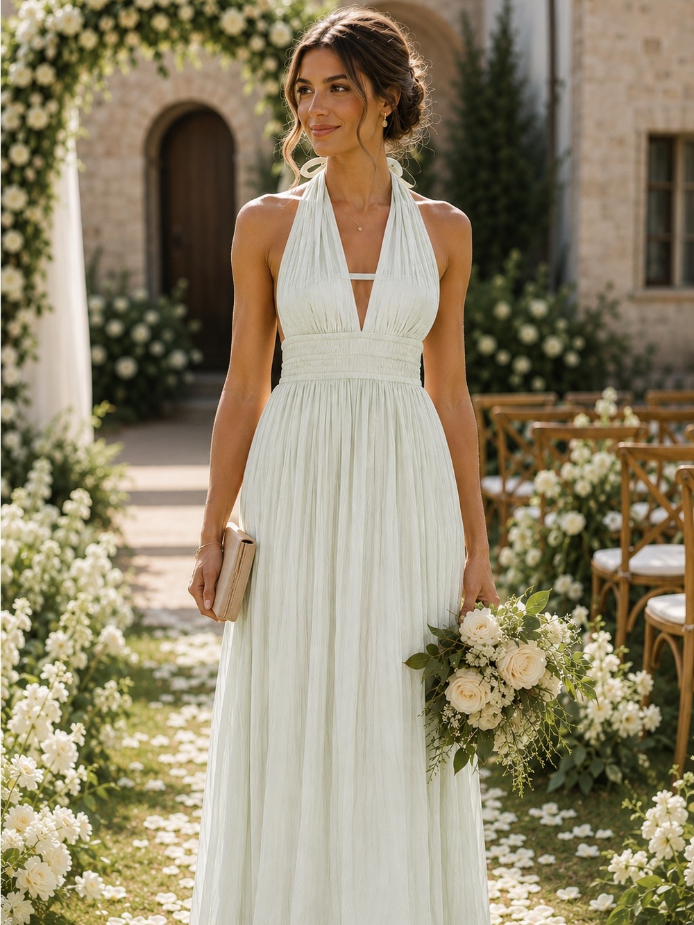 Elegant Light Green Halter Maxi Dress With Open Back & Tie Size Juniors Small